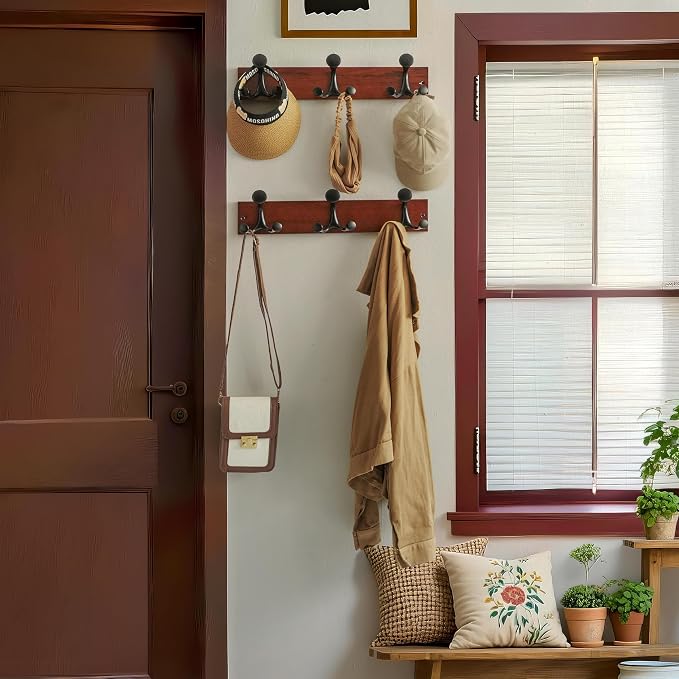 WEBI Coat Rack Wall Mount,17" Solid Wood Coat Hooks Wall Mounted Coat Hanger,16" Hole to Hole,Heavy Duty Hook Rack Rail,3 Triple Hooks for Hanging Coats,Jacket,Clothes,Hat,Backpack,Cherry,2 Packs