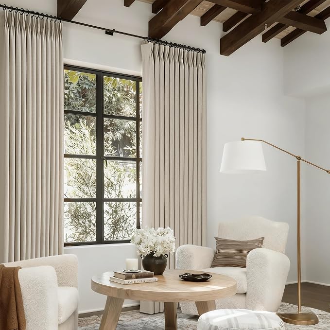 Taupe Linen Curtains 108 inch Length 2 Panels for Living Room Light Filtering Semi Sheer Pleated Curtains with Hooks Burlap Textured Neutral Country Rustic Curtain Drapes Ceiling Floor Extra Long 108