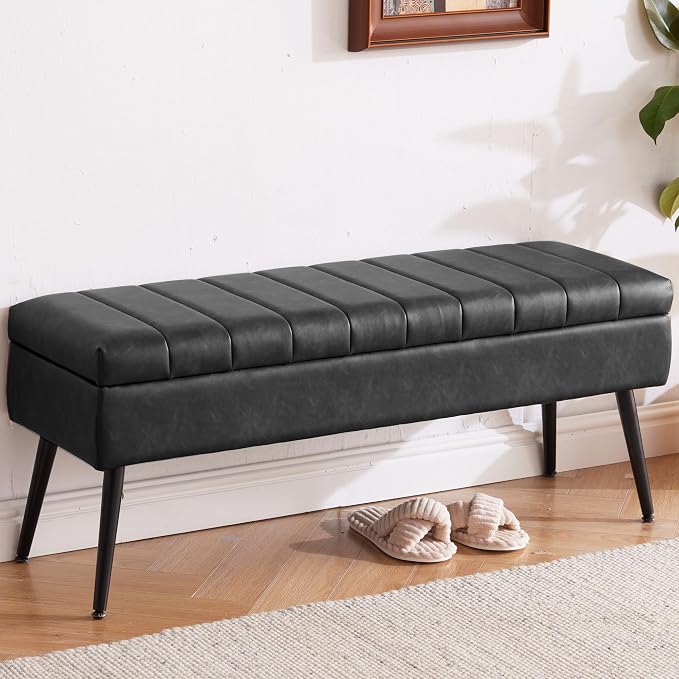 Storage Ottoman Bench, 43.5" Faux Leather Upholstered Entryway Bench, Long Ottoman with Storage for Living Room, Support 660lbs - Black