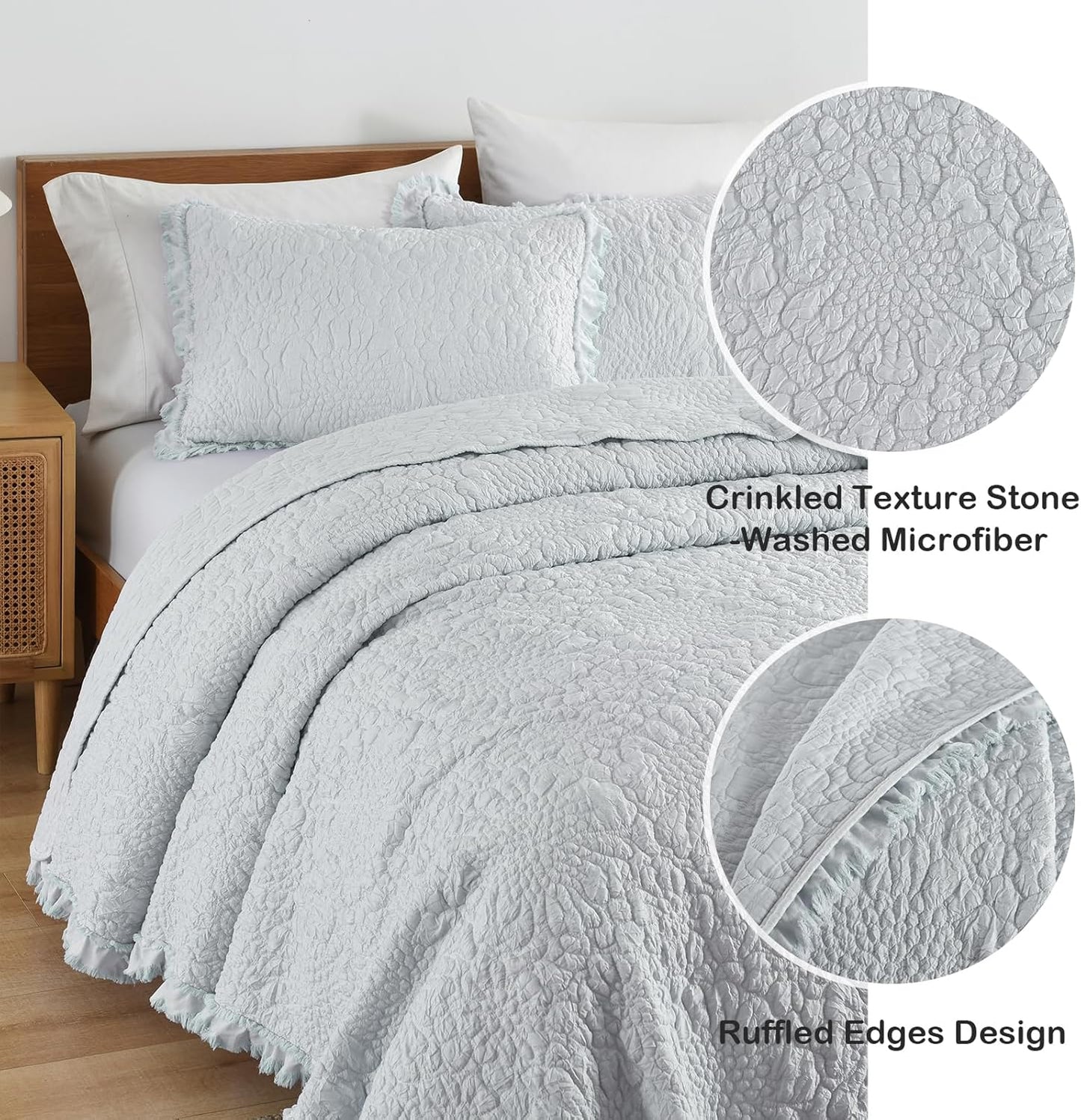 HORIMOTE HOME Light Blue Ruffled Quilt Twin Size, Stone-Washed Microfiber Lightweight Crinkled Farmhouse Rustic Shabby Chic Bedding Set, 2 Pieces Reversible Bedspread with Pillow Sham for All Season