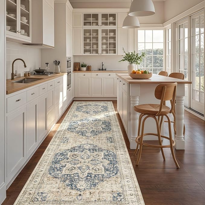 Tortania Area Rug 2x8 Runner Rugs - Washable Vintage Oriental Farmhouse Thin Indoor Carpet for Living Room Bedroom Hallway Entryway Kitchen Under Dining Table Home Office - Cream/Blue