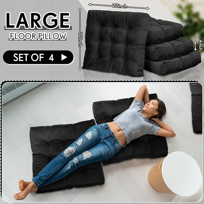 Jerify 4 Pcs Floor Pillow Cushions Large Round Square Large Meditation Floor Pillow for Classroom Adult Meditation Picnic Party Seating Learning Daycare School (Square,Black)