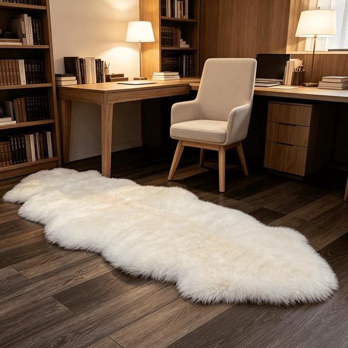 Premium Genuine Sheepskin Rug, Fuzzy Fluffy Shaggy Fur Wool Area Carpet for Soft Fur Pray Pup Mat,Bedroom,Living Room,Chair Sofa Seat Cover,Ivory White, 2' x 6'
