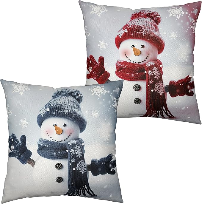 Navy Blue and Red Snowman Pillow Covers 18x18 Set of 2 Winter Holiday Decorative Pillow Covers Cotton Linen Throw Pillow Case for Christmas Decorations Living Room Sofa