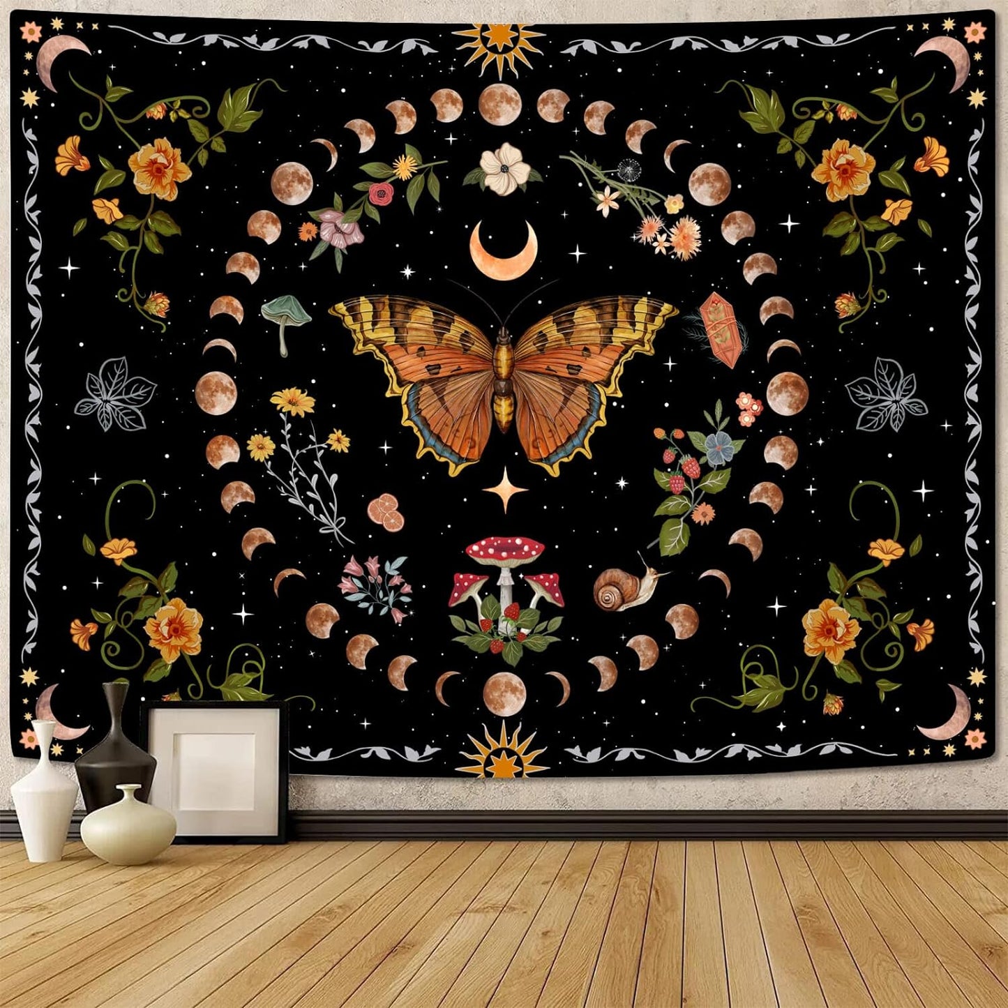 Aipon Orange Butterfly Moon Flower Tapestry Botanical Floral Plant Boho Tapestry for Bedroom Aesthetic Vintage Tapestries Wall Hanging for Living Room Dorm (60.00'' × 80.00'', Orange)