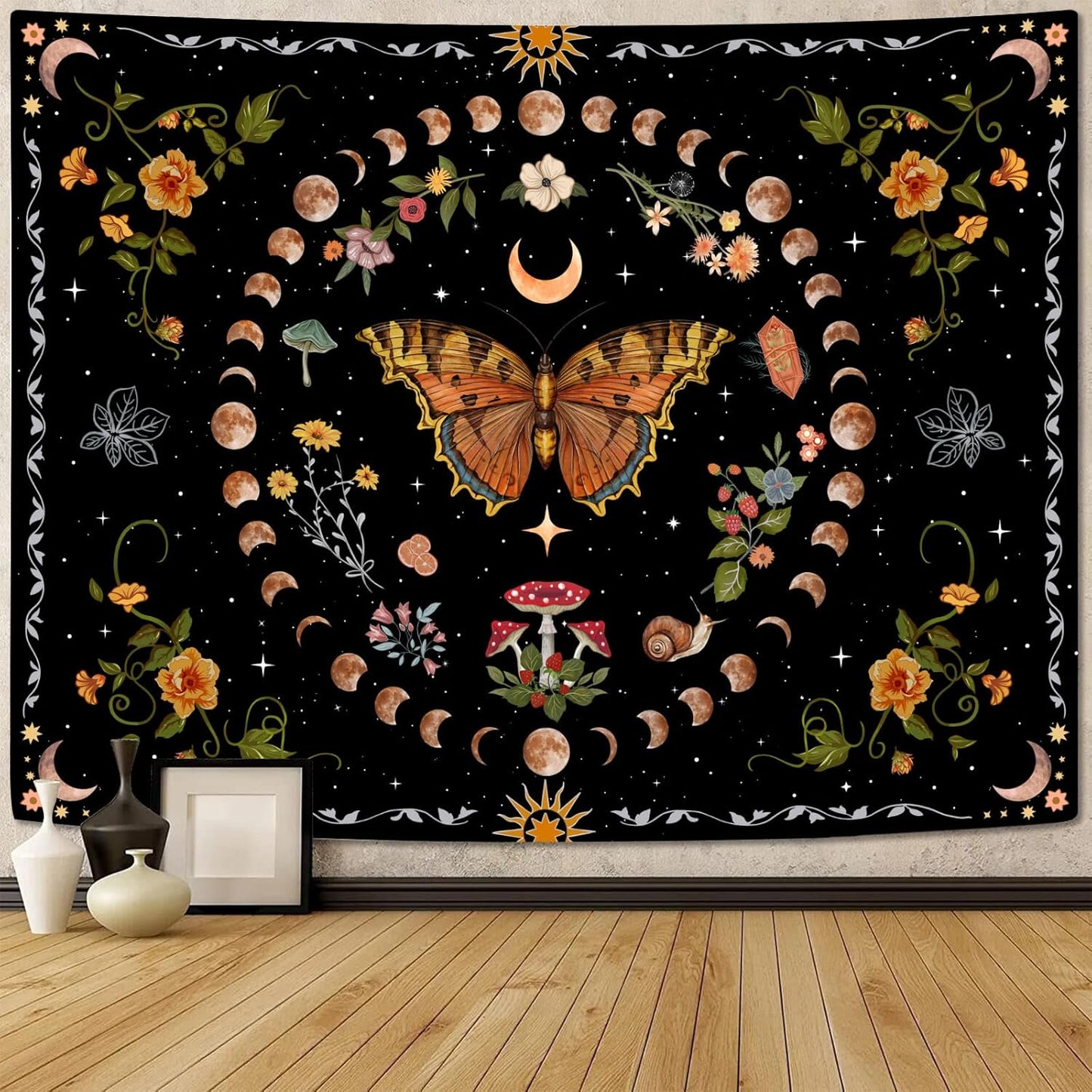 Aipon Orange Butterfly Moon Flower Tapestry Botanical Floral Plant Boho Tapestry for Bedroom Aesthetic Vintage Tapestries Wall Hanging for Living Room Dorm (44.00'' × 60.00'', Orange)