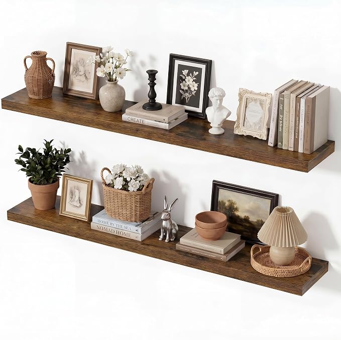 Vivelove Wall Floating Shelves for Display with Invisible Brackets, Long Floating Shelves for Bedroom Bathroom Living Room Kitchen Office, 40”X 8" X 1.4", Set of 2 - Rustic Brown
