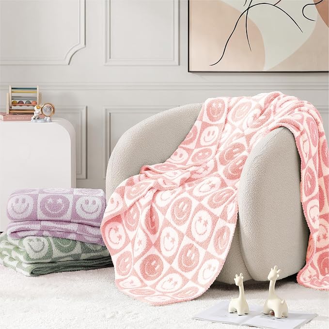 WRENSONGE Soft Checkered Throw Blanket for Couch-Cozy Warm Knitted Blankets | Lightweight Warm Fluffy Decor for Women, Mom, Her & Girls, Sofa, Chair, Bed, 50x60in,Blossom Smiling Face