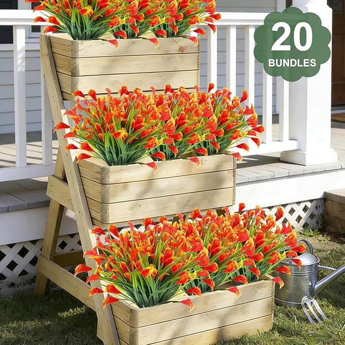 TURNMEON 20 Bundles Calla Lily (400 Heads) Artificial Flowers for Outdoors UV Resistant, Fake Faux Plastic Fake Flowers Plants for Indoor Yards Planter Home Porch Spring Fall Summer Decor(Orange Red)