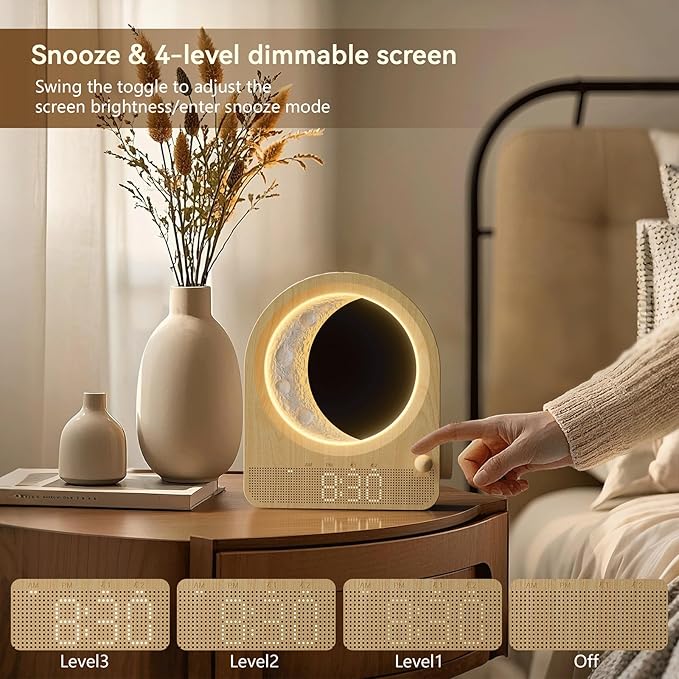 blonbar Sunrise Alarm Clocks for Bedrooms, Stepless Dimmable Moon Lamp Dual Alarm Clock with 12Levels Volume for Heavy Sleepers, 10 Natural Sounds with 30/60/90mins Timer, Gifts for Women