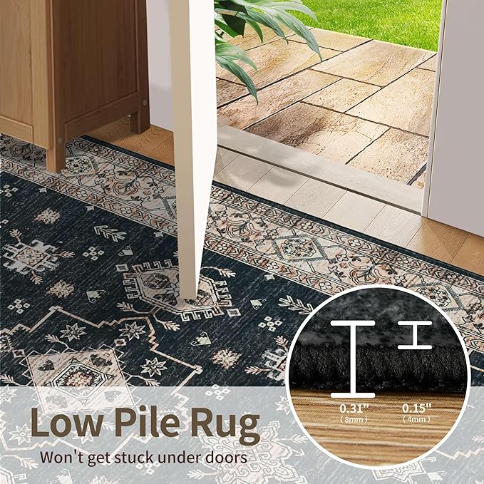 Rugxara 6x9 Area Rugs for Living Room Bedroom, Large Washable Rug, Black Vintage Floral Boho Rug, Non Slip & Low Pile Faux Wool Thin Carpet for Indoor Dining Room, Dorm and Kids Room(Black 6x9ft)