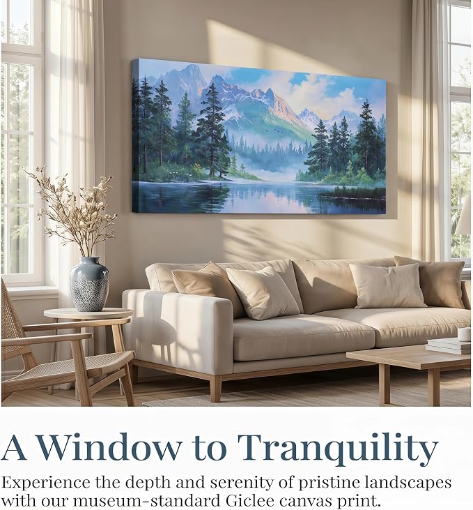 Acocifi Landscape Canvas Wall Art for Living Room 40"x20" Blue Painting | mountain lake forest nature scenery picture pine trees modern wall decor bedroom kitchen artwork framed ready to hang