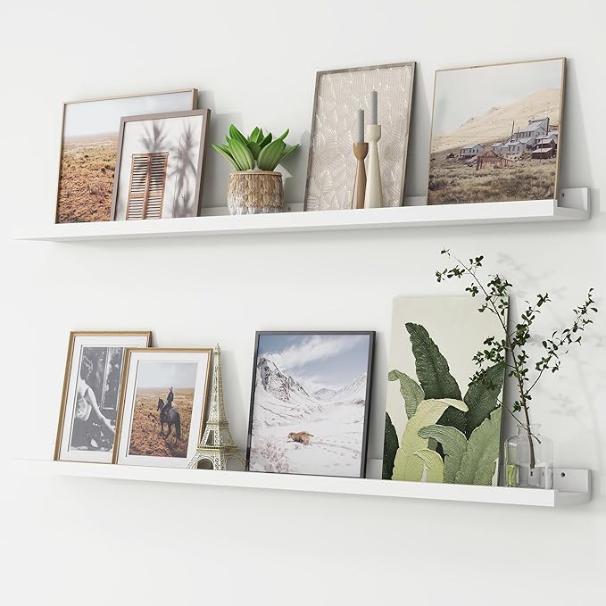 FLYJOE Picture Ledge Shelf, Floating Shelves Set of 2, 48 Inches Long Large Nursery Book Shelves for Toys Storage, Kids Bookshelf Wall Mounted for Living Room Bedroom Decor Books Photo Frames, White