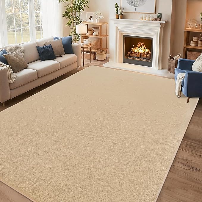 qulint 5x8 Washable Area Rug for Bedroom, Farmhouse Tan Nursery Rug with Thickened Memory-Foam Soft Washable Living Room Carpet, Minimalist Solid Non Slip Carpet for Kid Room Dorm Home Decor