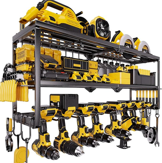 Heavy Duty Power Tool Organizer for Wall Mount Garage Storage – 320 lbs Capacity, 3-Tier Iron Wire Rack with 8 Drill Slots, Shelf for Battery Charging Station – Gift for Dad Handyman