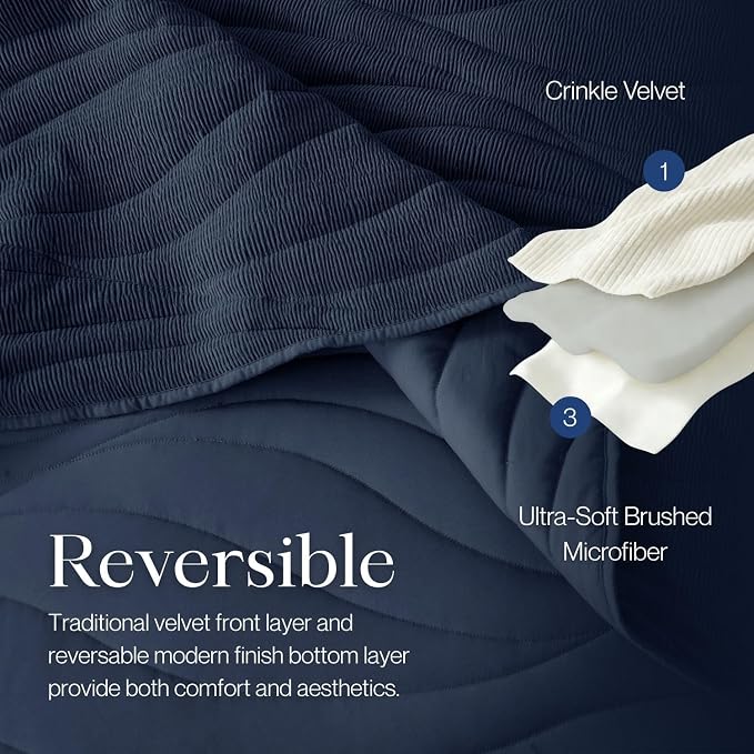 DOWN HOME Crinkle Textured Velvet Quilt Set with Shams, All-Season Luxury Modern Bedding,Easy Care Comforter,Ultra-Soft,Lightweight & Breathable, King, Imperial Blue