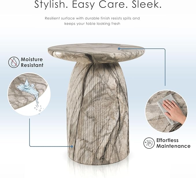 24/7 Shop at Home Ranera Modern 17-inch Natural Stone Side Table with Round Pedestal Base, Marble Nightstand, Fluted Patio End Table, for Living Room, Covered Outdoor Spaces, Ivory Gray Marble