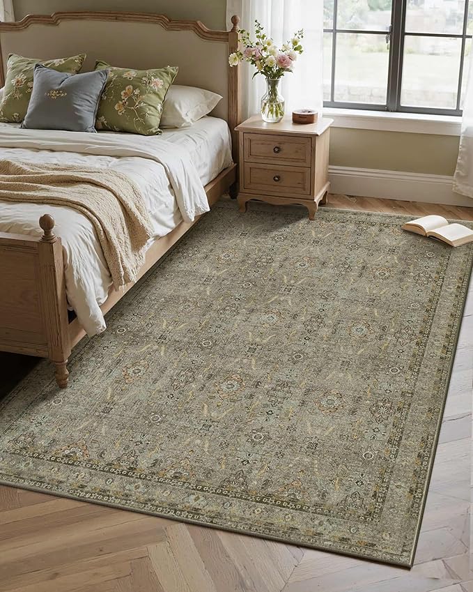 Rugxara 4x6 Rug for Living Room Bedroom, Washable Throw Rugs, Vintage Retro Boho Area Rugs, Non Slip & Low Pile Accent Throw Carpet for Indoor Dining Room, Kids Room and Office(Olive Brown 4x6ft)
