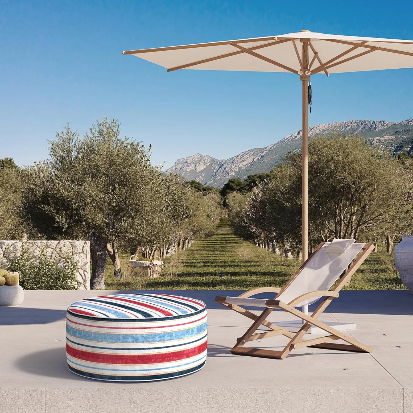 Inflatable Ottoman Stool D31 xH14 for Outdoor/Indoor Use, Water Repellent Patio Foot Rest Stool with Portable Handle,Round Pouf Ottoman Suitable for Garden,Deck and Camping - Stripe Red Blue