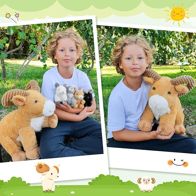 MorisMos 5Pcs Goat Stuffed Animal, 15inch Mommy Goat Plush with 4 Baby, Wlid Stuffed Toys Gifts for Kids, Girls, Boys