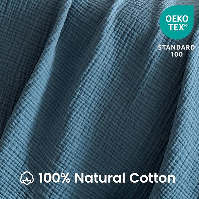 FALUCA Cotton Muslin Cooling Reversible Blanket Twin Size for Bed, Couch, Four Layers Blanket, Soft Lightweight Cozy Breathable Farmhouse Decoration for Summer, Light Blue