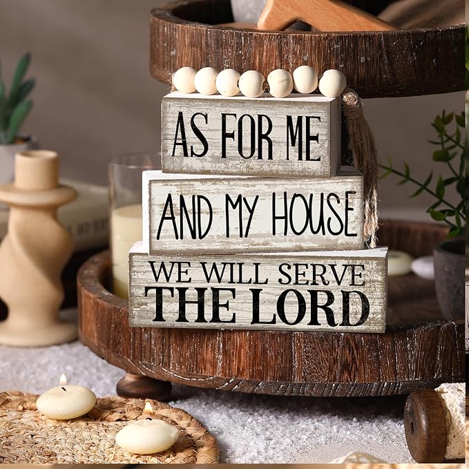 Yuntau 4 Pcs Farmhouse Bible Verse Decor Farmhouse Tiered Tray Decor Rustic Retro Wood Bead Garlands for Me and My House We Will Serve the Lord Block Christian Jesus Sign for Home Shelf Mantel
