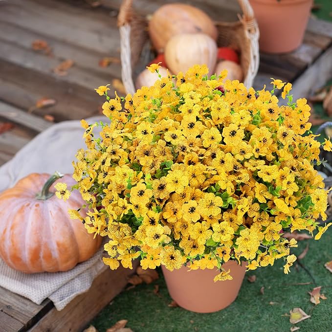 MERIXMAS 24 Bundles Artificial Flowers for Outdoors Decorations, Fake Flowers Artificial Plants Outdoor, Colorful Daisy Eucalyptus Realistic UV Resistant for Garden Patio Porch Home Decor, Yellow