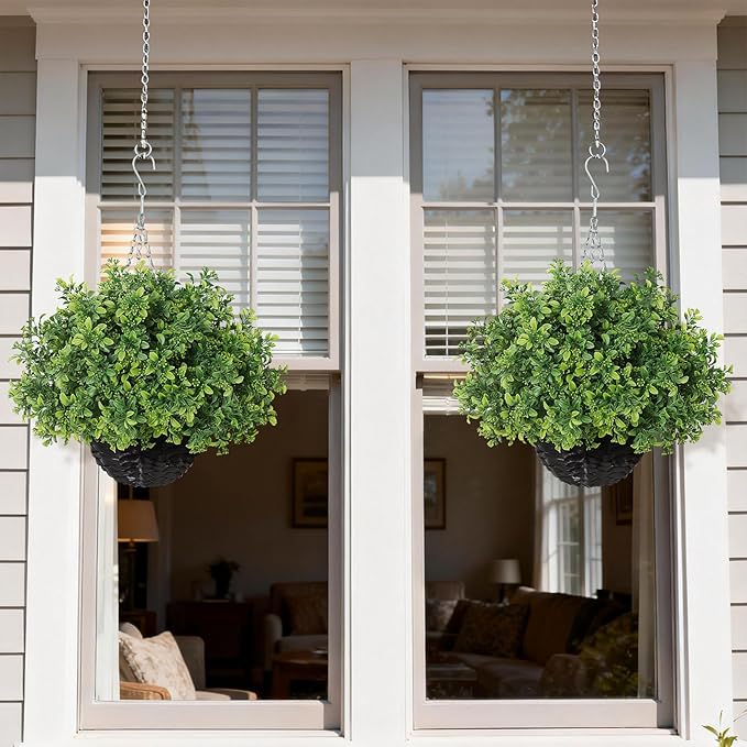 2PCS Artificial Boxwood Plants with Hanging Basket - Fake Aglaia Odorata Hanging Planters Faux Greenery UV Resistant Eucalyptus Leaves for Front Porch Patio Garden Farmhouse Home Decor (Green)