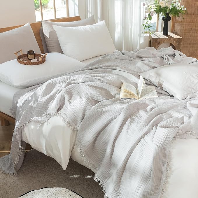 MooMee Muslin Blanket - 100% Cotton 4-Layer Gauze Throw Blanket with All-Around Fringe, Soft Breathable Lightweight Cooling Summer Blankets for Bed Couch (Light Grey,Throw XL 50" x 70")