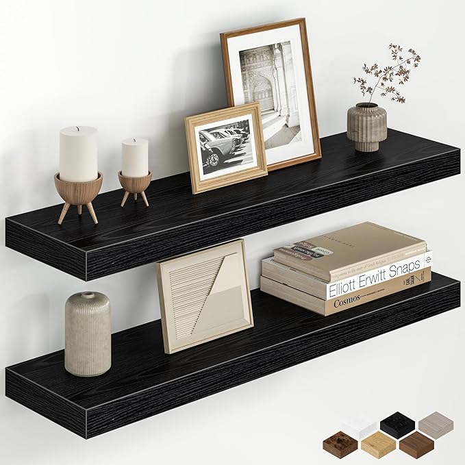Fun Memories 30 Inch Floating Shelves for Wall, 8 Inch Deep Rustic Wood Wall Mounted Shelves with Invisible Brackets for Bathroom, Bedroom, Kitchen & Living Room Storage Decor, Black, 2 Pack