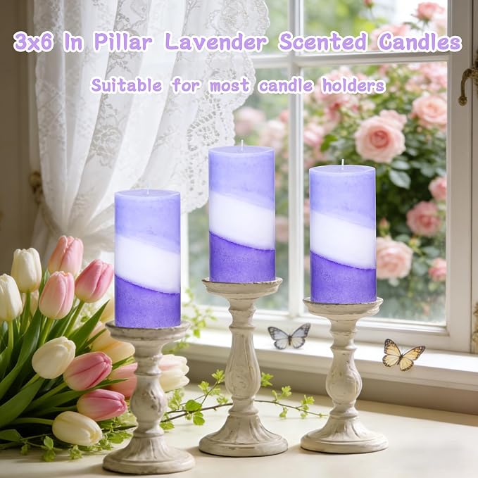 Lavender Aromatherapy Scented Pillar Candles, Purple and White Striped, 3x6 Inch, 100% Cotton Core Handmade Paraffin Wax Candles for Housewarming Gift Home Room Shelf Decor, Set of 3