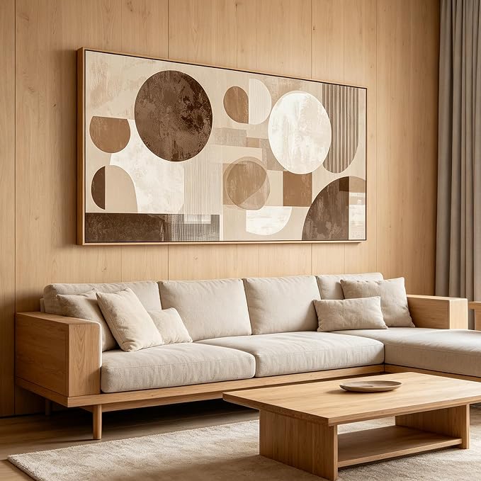 Sorbrozo Mid Century Modern Abstract Geometric Wall Art with Wood-Colored Frame Boho Sun and Moon Canvas Painting Neutral Earth Tone Pictures for Living Room Bedroom Home Office Indoor Decor 24x48 inch