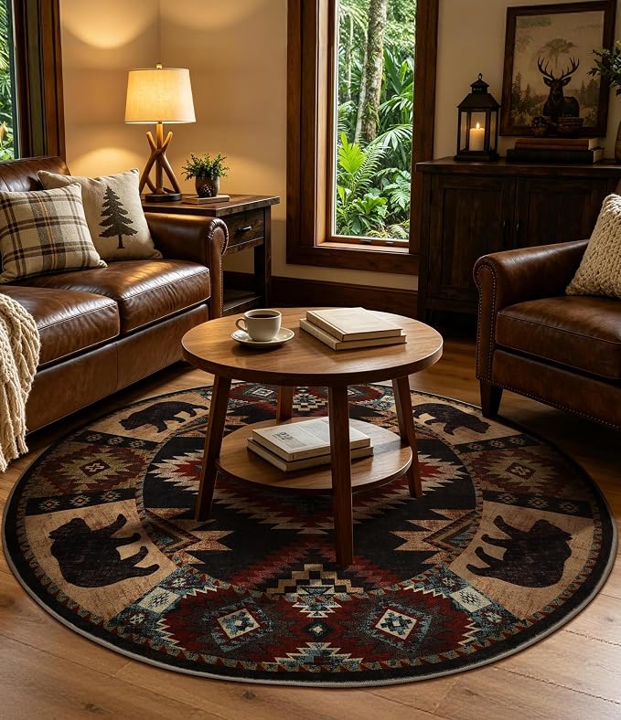 YIHOUSE Southwestern Round Rug 6ft, Low Pile Soft Circle Area Rug with Non-Slip Backing, Western Rustic Washable Rugs for Living Room, Bedroom