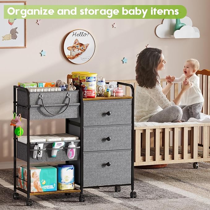 Cidaziya 2In1 Baby Diaper Caddy Organizer and Storage, 3 Tier Rolling Cart with Dividers and Drawers, Mobile Utility Cart Baby Dresser Clothes Organizer for Changing Table, Crib Nursery, Bedroom, Grey