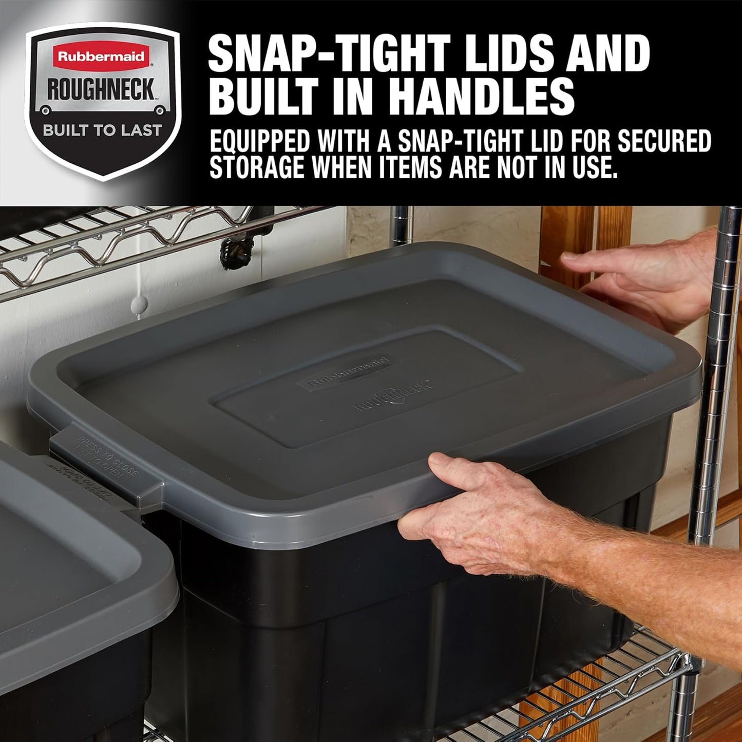 Rubbermaid Roughneck Tote 14 Gal, 6 Pack, Made in USA, Black & Gray, Rugged Plastic Stackable Storage Bins with Lids and Handles