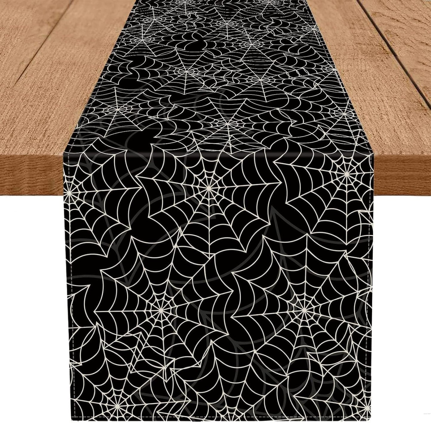 Halloween Table Runner Spider Web Black Linen Table Runners for Seasonal Holidays Indoor Outdoor Kitchen Dining Party Home Decor 13 x 120 Inch