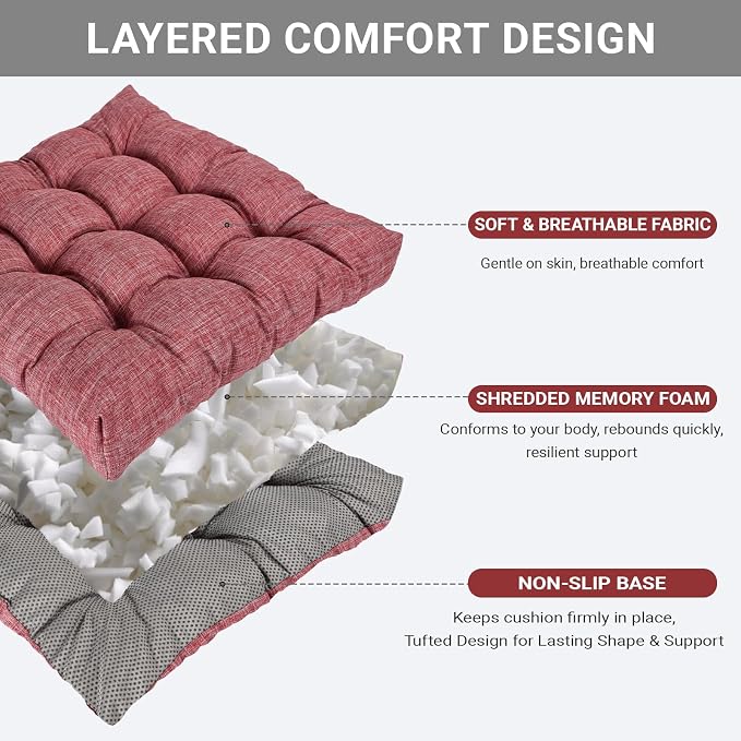 Large Square Floor Cushion Set of 2, 22 x 22 Inch with Non-Slip Bottom, Memory Foam Floor Pillow for Sitting, Meditation & Yoga, Soft Supportive Floor Seating Cushion for Adults & Kids (2, Red)