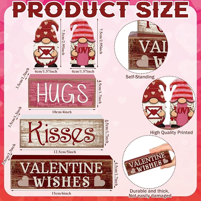 Lineshading 4 Pcs Valentine Day Table Decoration Pink Gnomes Valentine Centerpiece Valentine's Day Tiered Tray Decor Rustic Wooden Gnomes Heart Block Signs Red Pink White Valentines Decor for Home