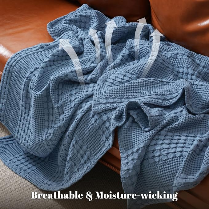 PHF 100% Cotton Waffle Throw Blanket for Couch, Lightweight Breathable and Soft for Summer, Luxury Aesthetic Waffle Weave Blanket for Home Decor & Office, Gifts for Women, 50"x60", Denim Blue