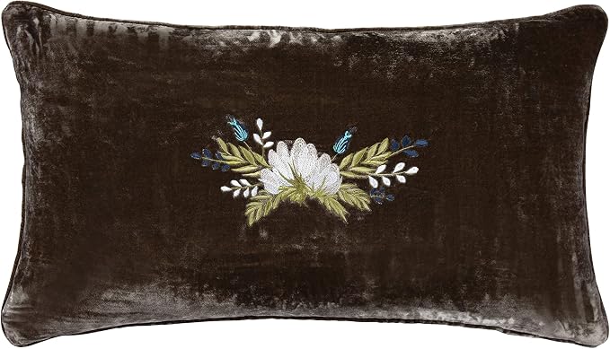 HiEnd Accents Stella Faux Silk Velvet Western Floral Embroidered Lumbar Pillow, 14x24 inch, Green Ochre, Romantic Western Modern Traditional Style Luxury Bedding, Decorative Throw Pillow