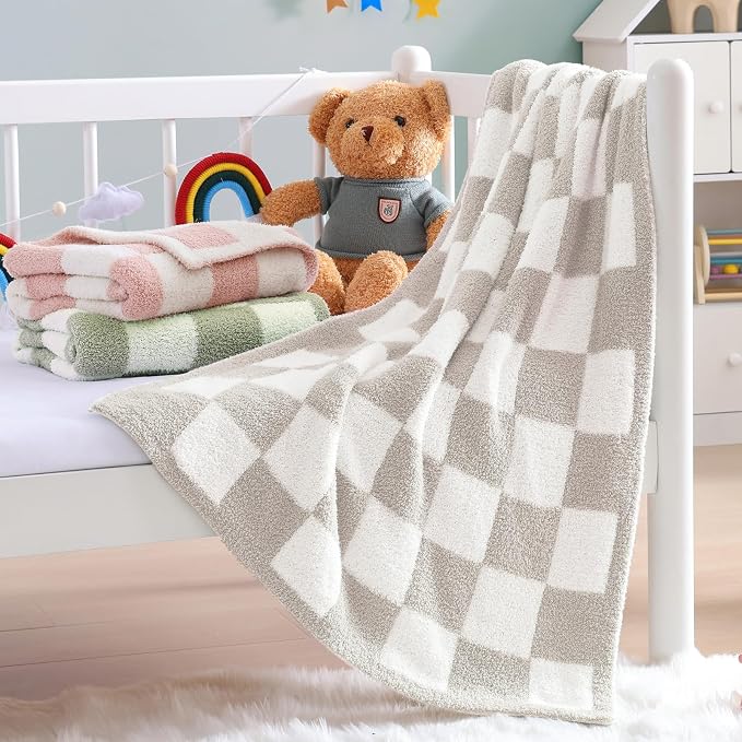 WRENSONGE Soft Checkered Throw Blanket for Couch-Cozy Warm Knitted Blankets | Lightweight Fluffy Decor for Boys & Girls, Sofa, Chair, Bed, 30x40in,Taupe