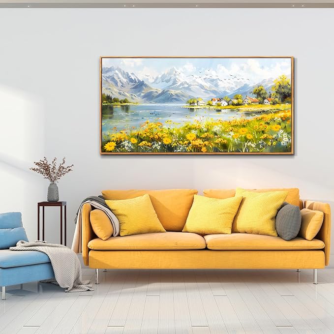 XIGUANGART Large Wall Art for Living Room, River Landscape Wall Art, Meadow Wildflower Canvas Art Prints, Countryside Sunset Paintings Wall Decor for Bedroom, Farmhouse Kitchen Decor Pictures 24"X48"