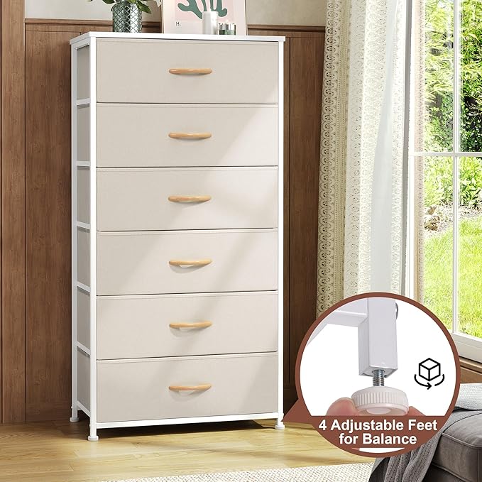 Crestlive Products Dresser for Bedroom with 6 Drawers, Tall Chest of Drawers, Fabric Dressers Bedroom Furniture, Storage Organizer Unit with Bins for Closet, Hallway, Living Room, Entryway(Beige)