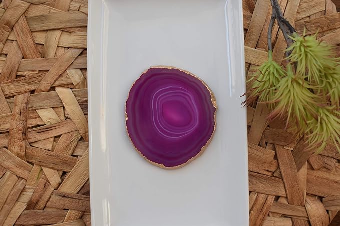 Nature's Decorations Pink Gold Rimmed Agate Stone Coasters - Set of 4, Polished Geode Drink Mats for Dining & Coffee Table & Kitchen Geode Decor Non-Toxic 3.5-4" Diameter