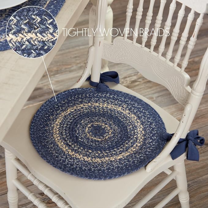 VHC Brands Great Falls Blue Round Seat Cushion Chair Pad, Blue White, Jute Blend with Ties, Set of 2, 15x15 Inches