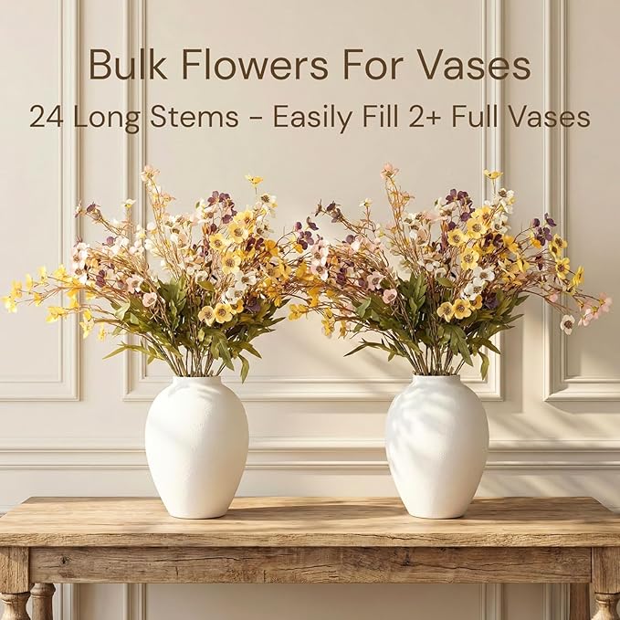 RyddeligHome 24 Stems Artificial Wildflower Bouquet - 23" Tall Faux Silk Flowers for Spring Decorations - Yellow, Pink, White & Purple Flowers for Large Vases - Spring Table Centerpiece & Home Decor