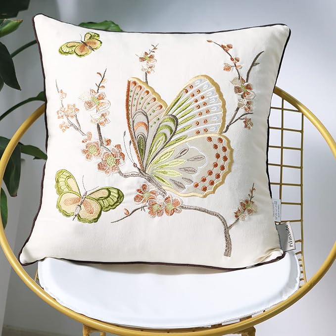 Set of 2 Embroidered Decorative Throw Pillow Covers Couch Square Pillowcases Cushion for Bedroom Sofa Farmhouse Decor 18x18 Inch (Brown Butterfly)