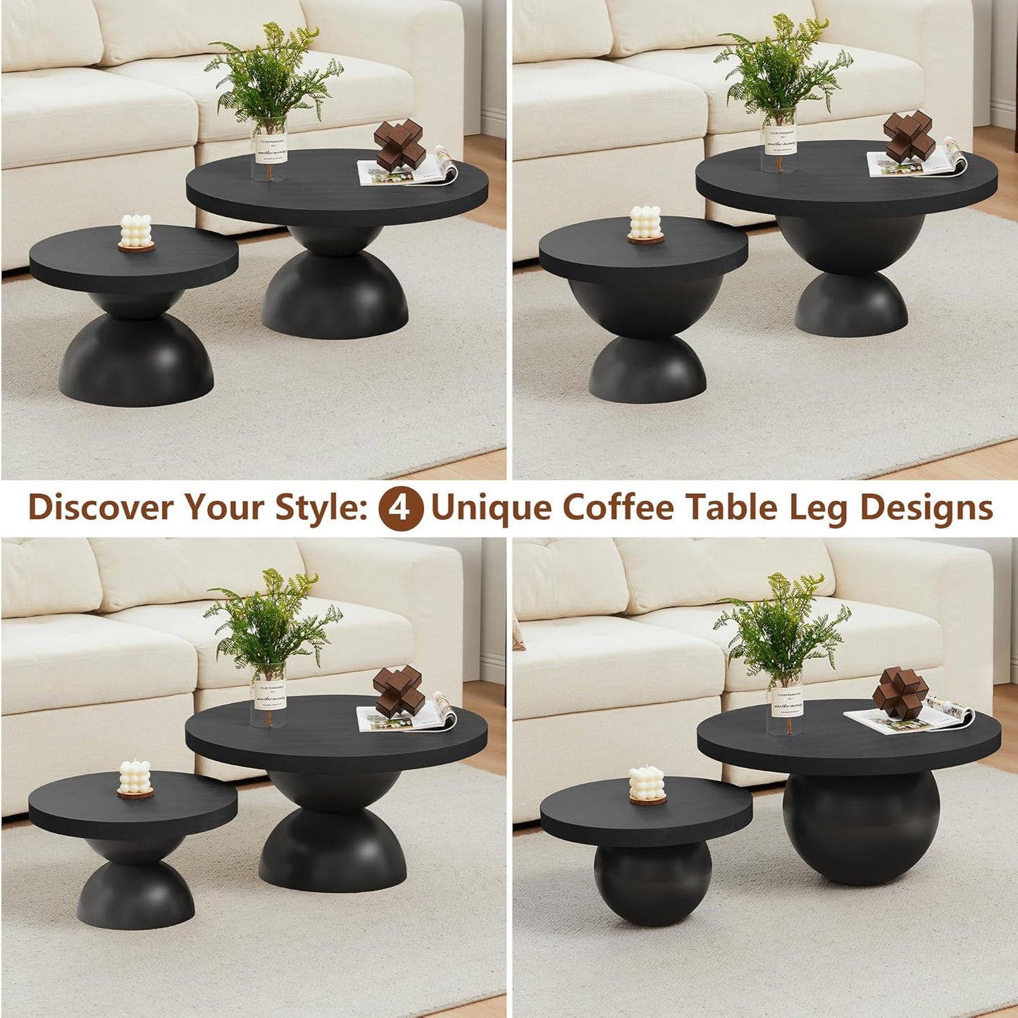 Solid Wood Round Nesting Coffee Table Set of 2, Circle Accent Tables with Unique Semi-Circular Legs, Mid Century Modern Side End Table Set for Small Space Living Room Office (Black)