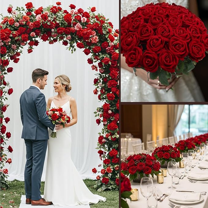 Auihiay 104pcs Red Roses Artificial Flowers - Realistic Faux Red Roses for Wedding, Table Centerpiece, Home Party, Valentine's Day, Mother's Day, Anniversary Decorations