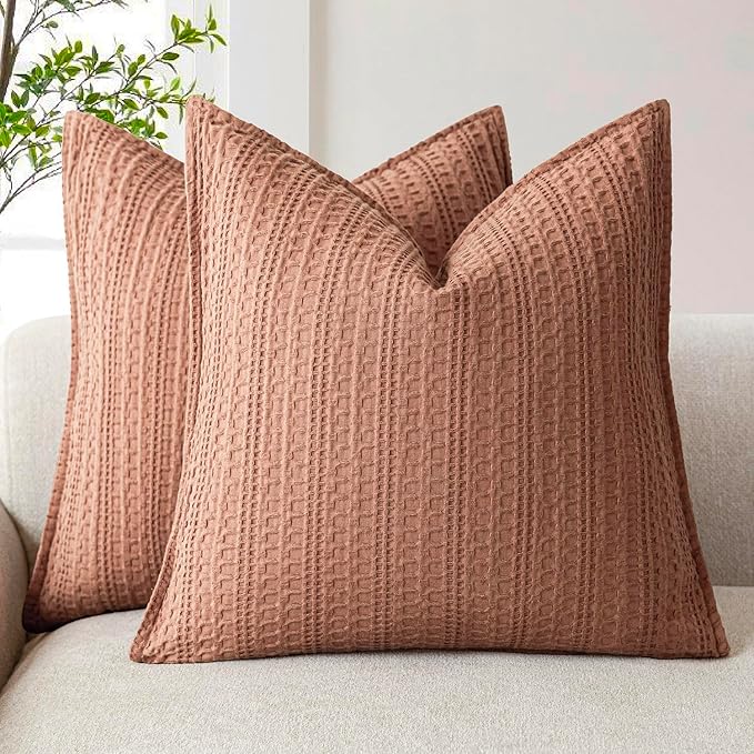 Foindtower Set of 2 Decorative Cotton Waffle Weave Throw Pillow Covers Euro Shams Cushion Covers Accent European Pillowcase for Bed Couch Sofa Bedroom Living Room Home Decor 18×18 Inch Coral Pink